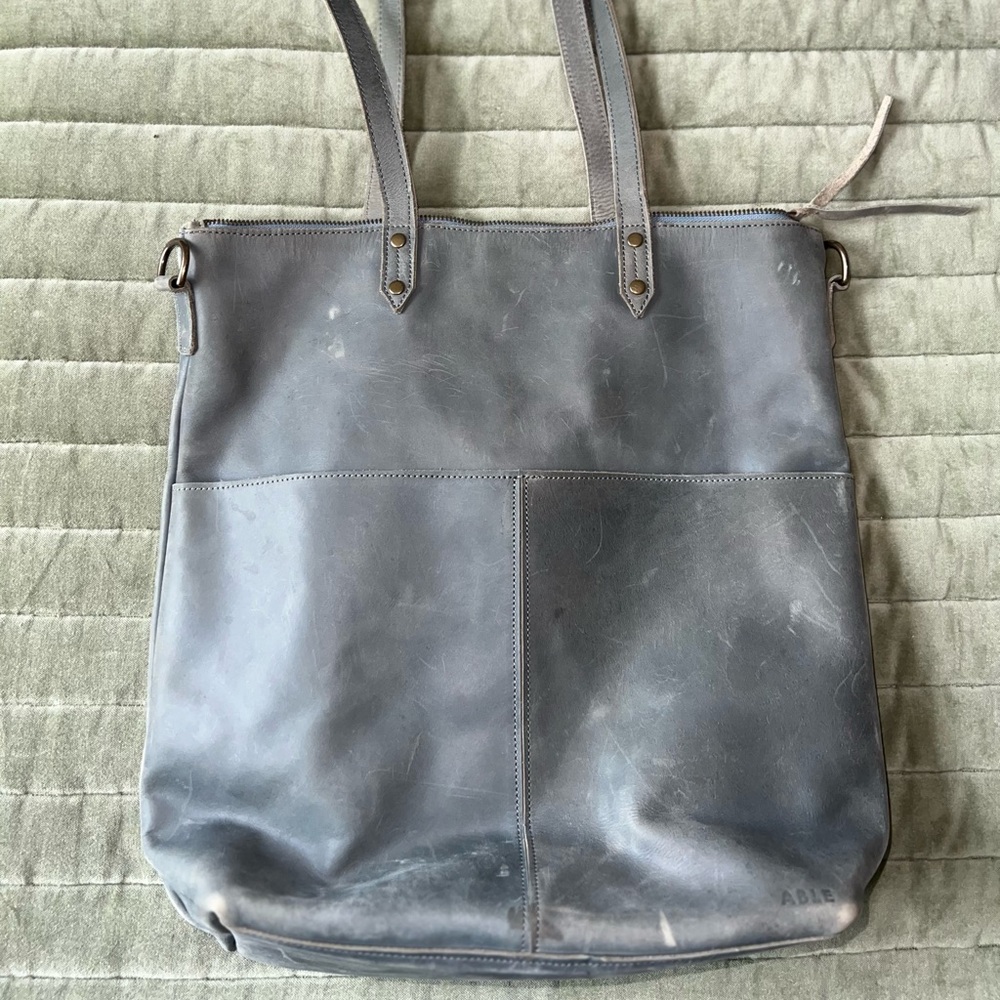 ABLE Gray Leather Tote Bag
